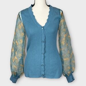 SIONI Blue Floral Bishop Sheer Sleeve Cardigan Sweater Ribbed Knit‎ Womens M